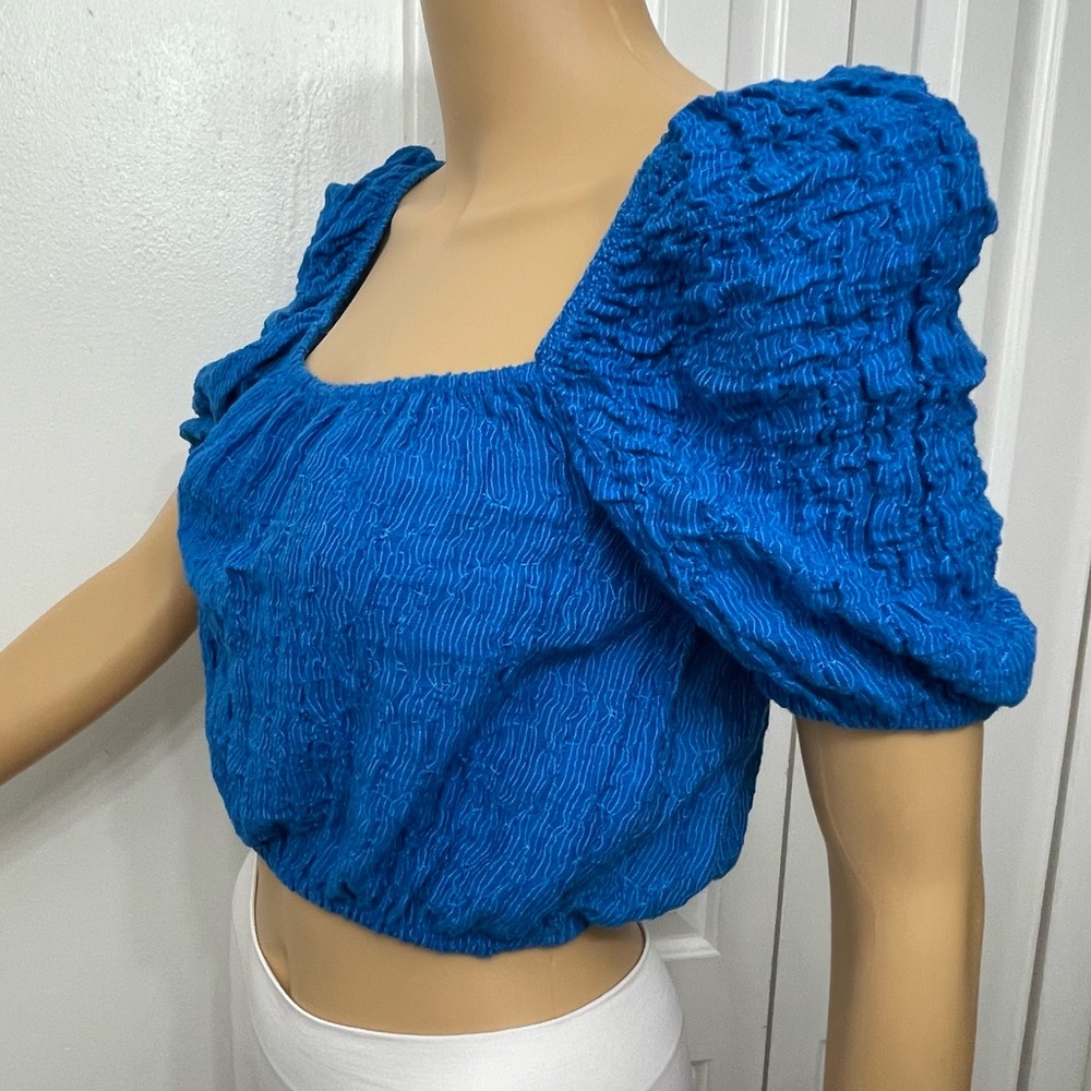 Zara Balloon Puff Sleeve Electric Blue Textured Crop Top Women’s Size S - Picture 6 of 9